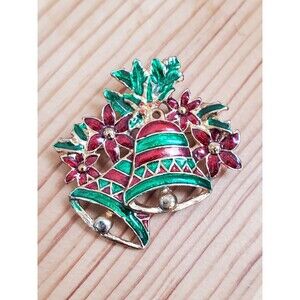 VTG Christmas Bells Brooch Gold Tone Metal Red Green Gold Enamel Hat Lapel Pin